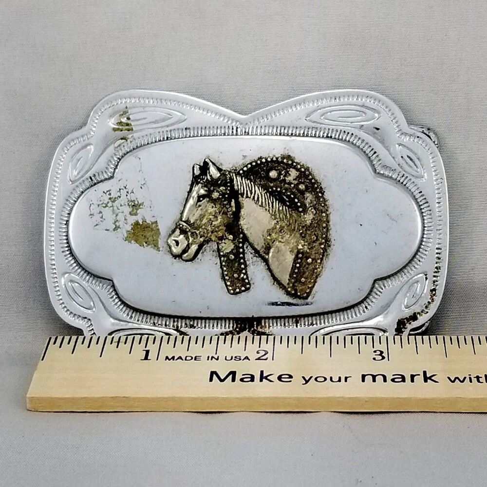 Vintage Belt Buckle Western Horseshoe Over Horse Head‎ Cowboy Cowgirl Filigree